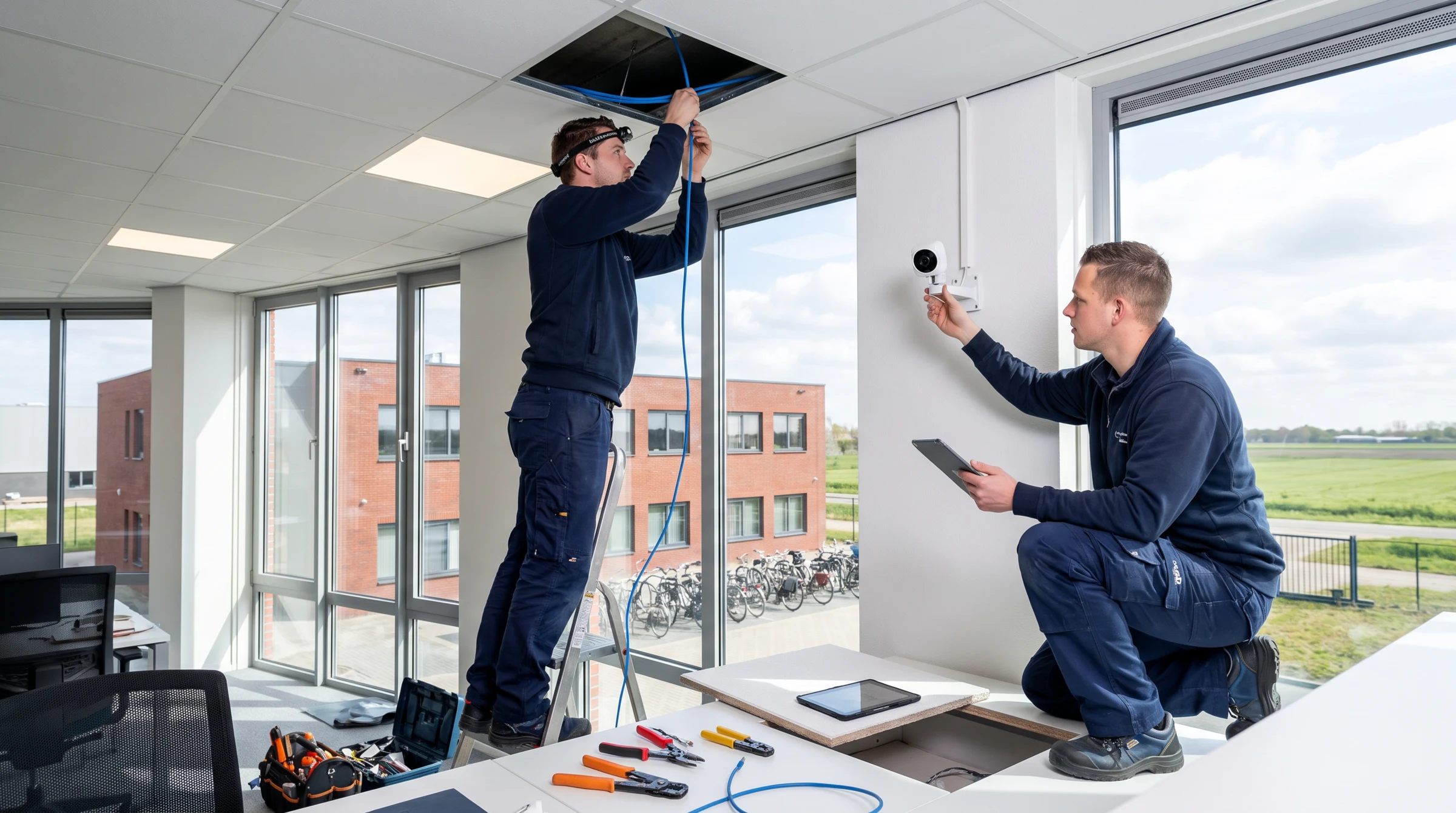 Twee monteurs installeren samen een bekabeld IP-camerasysteem