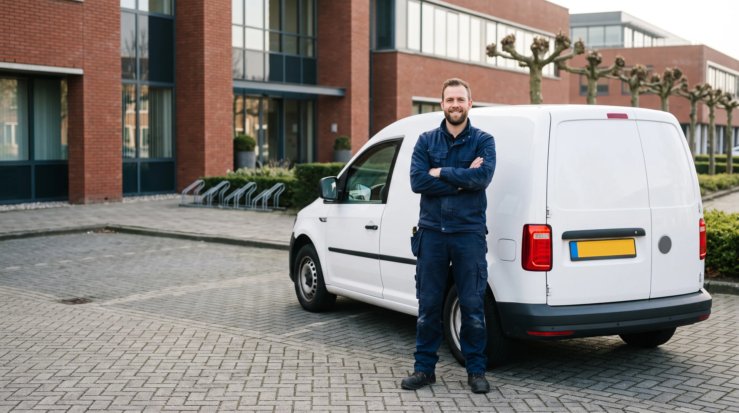 Monteur van Hi Security Service bij een servicewagen