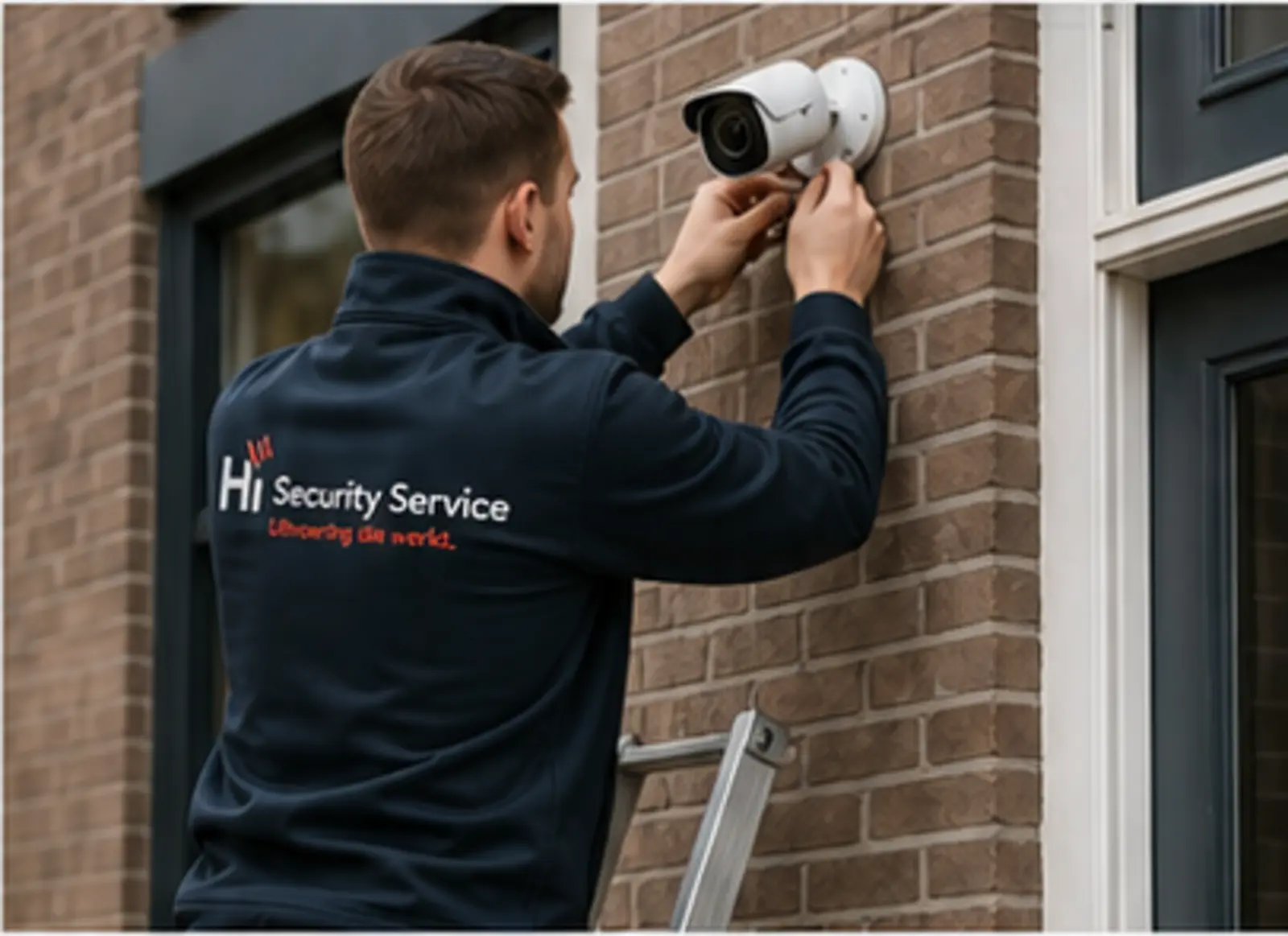 Monteur van Hi Security Service installeert een beveiligingscamera